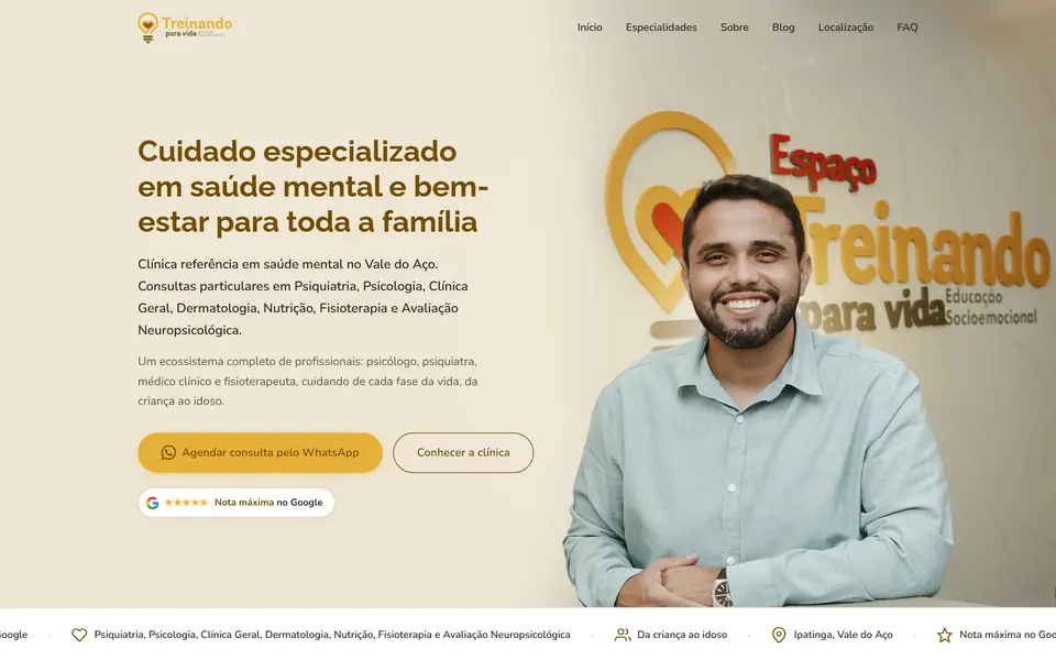 Página inicial do site Espaço Treinando para Vida